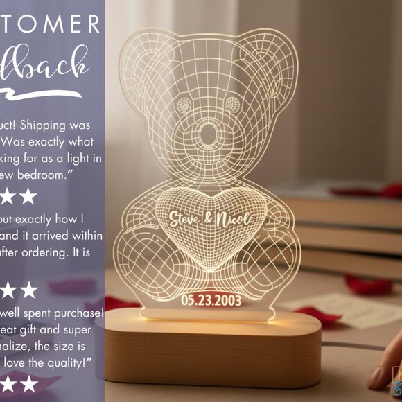Custom 3D LED Name Light • Personalized Bear Valentine’s Gift for Her - Picture 7 of 8